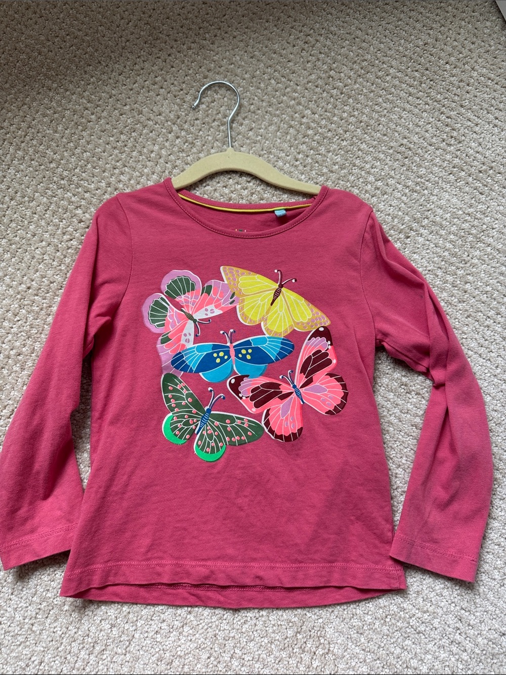 Mini Boden Rose Pink Long-Sleeve Tee with Colorful Butterfly Motif